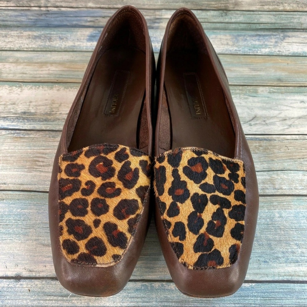Enzo Angiolini Flats 7.5M Animal Print Cap Toe Work Dress Loafer Brown Leather